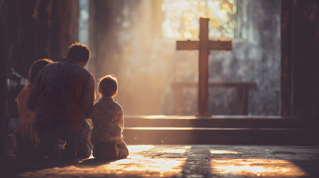 una familia unida hincados a los pies de la cruz dentro de una capilla con la luz del atardecer orando y rezando a Dios con fe y esperanza agradeciendo su bendicion