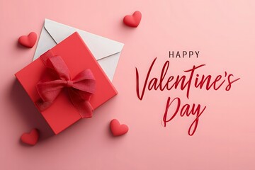 Happy Valentine's Day Gift Box on Pink Background with Hearts