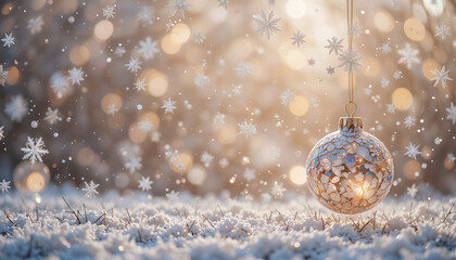 Sparkling Christmas Ornament Hanging in Snowy Bokeh Glow, Festive Holiday Ball with Golden Lights and Falling Snowflakes