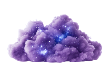 An abstract cosmic nebula cloud with soft purple and blue colors, featuring glowing stars and a dreamy, atmospheric aesthetic, isolated on transparent background