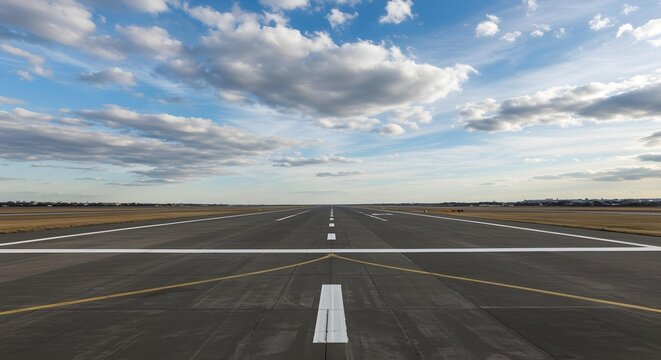 Scenic airport runway under blue sky with clouds and clear horizon view