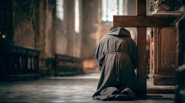 un fraile o monje franciscano hincado arrodillado frente a la cruz de dios dentro de un monasterio o capilla orando pidiendo con fe y agradeciendo a Dios