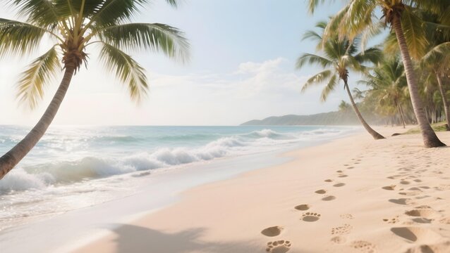 Palm Beach Paradise , Idyllic beach scene with palm trees, ocean waves, and footprints in soft white sand.