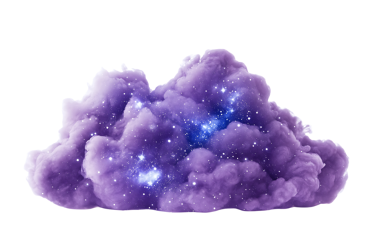 An abstract cosmic nebula cloud with soft purple and blue colors, featuring glowing stars and a dreamy, atmospheric aesthetic, isolated on transparent background