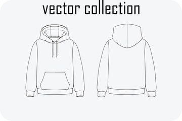 Clean line art vector collection of front and back views of a hooded sweatshirt for fashion design and apparel mockups