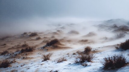 Ethereal winter landscape of snow covered sand dunes and sparse vegetation swept by strong winds and mist under a cold moody sky