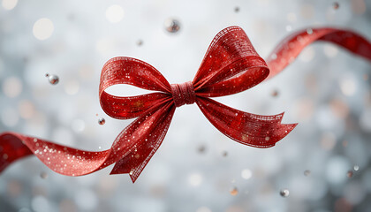 Elegant Red Gift Ribbon Bow in Snowy Bokeh Background, Festive Holiday Decoration with Sparkling Winter Glow