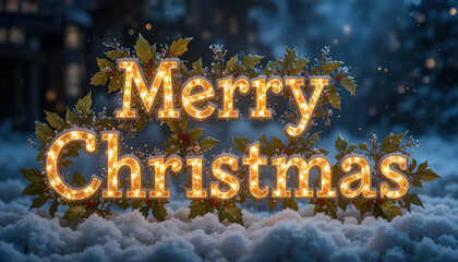 Merry Christmas Sign in Snowy Night with Glowing Lights, Festive Holiday Greeting with Illuminated Letters and Winter Snow
