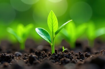 Naklejka premium Realistic detailed Close-up of a brand-new green plant on a ground background. High quality photo