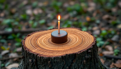 Single Candle Lit on Tree Stump in Forest, Serene Nature Scene with Warm Flame and Wood Grain Texture