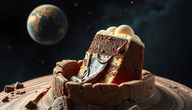 Slice of Chocolate Cake on Alien Planet with Earth in Sky, Surreal Cosmic Dessert Scene in Outer Space