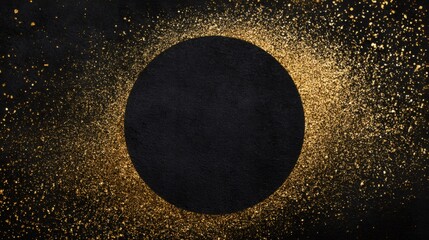 Black circle with gold glitter dust background. Elegant and festive template for banner, greeting card, or social media post design.