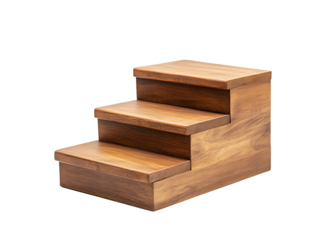 Three step small light brown wooden podium stand square geometric block stage for product display presentation simple minimal style isolated on transparent background