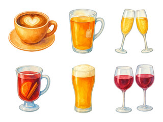 Watercolor drinks vector set, color beverage clipart collection, traced vector. Cup of coffee with heart, tea, sparkling wine in two glasses, mulled wine, beer and red wine