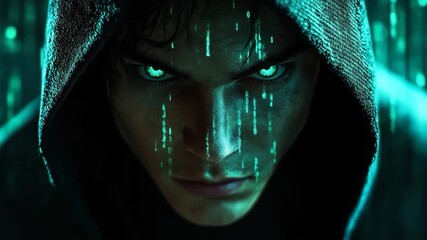 Close-up of a hooded figure with glowing green eyes and binary code on face - Powered by Adobe