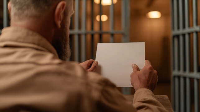 Captive contemplation: An inmate examines a blank document, the stark white contrasting the bars of his holding cell, symbolizing hope or despair behind bars.