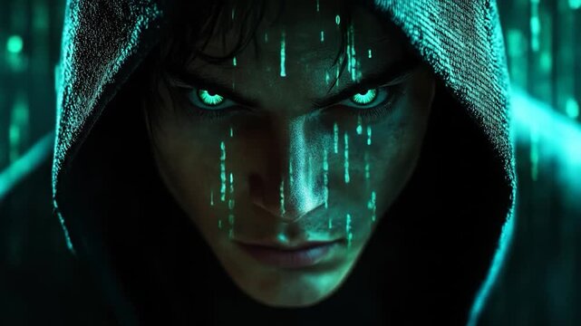 Close-up of a hooded figure with glowing green eyes and binary code on face