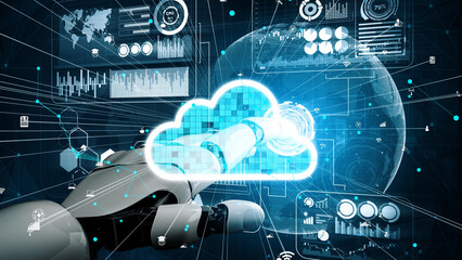 A futuristic robotic hand reaches for a digital cloud filled with data and analytics, showcasing a high-tech environment with various graphical elements and connections. Xenic