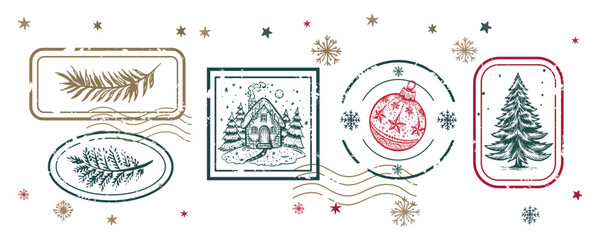 Christmas Stamps, tree, toy, set, Hand drawn illustration