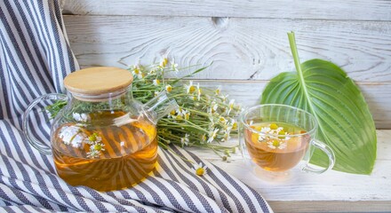 Fresh chamomile tea in a teapot and cup with flowers. Soothing chamomile tea with natural ingredients. 