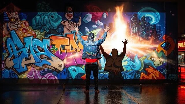 People interact with a vibrant digital projection of graffiti and urban cityscape at night