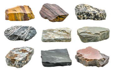 Collection of nine assorted raw rough natural mineral stones and various types of colorful geological rock samples studio shot isolated on transparent background