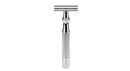 Silver safety razor gleaming against black