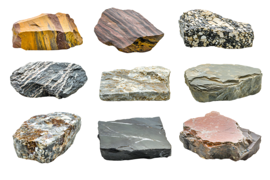 Collection of nine assorted raw rough natural mineral stones and various types of colorful geological rock samples studio shot isolated on transparent background