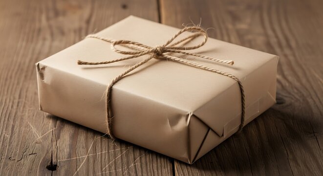 Wrapped Gift Box Tied with Twine on a Rustic Wooden Surface present package