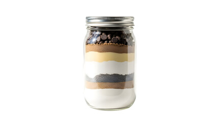 Glass jar filled with layered cookie mix isolated on transparent background