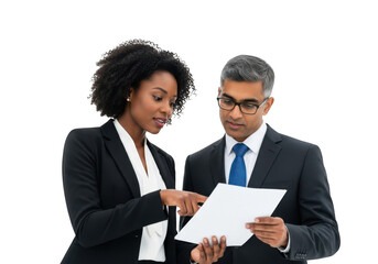 Businesswoman and businessman discussing document