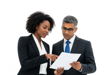 Businesswoman and businessman discussing document