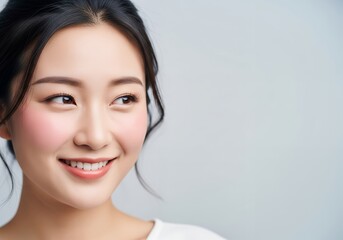 Naklejka premium Cheerful East Asian Woman with Rosy Cheeks Smiling and Looking Away on Light Background