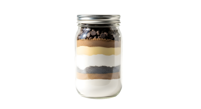 Glass jar filled with layered cookie mix isolated on transparent background