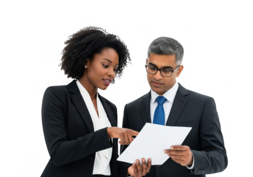 Businesswoman and businessman discussing document