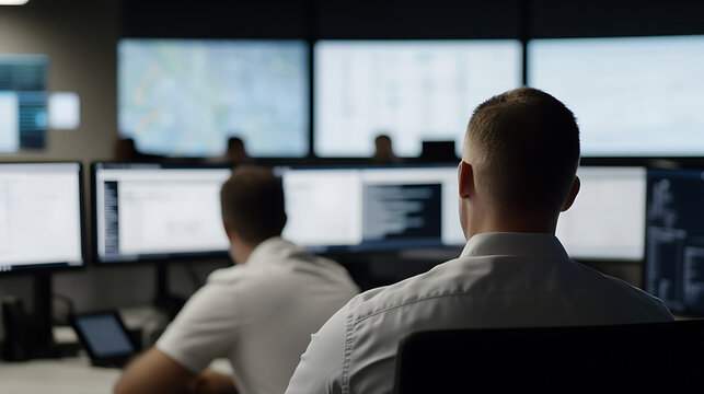 Focused professionals monitoring data on multiple screens in a modern, dimly lit control room, showcasing teamwork, technology, and meticulous data analysis.