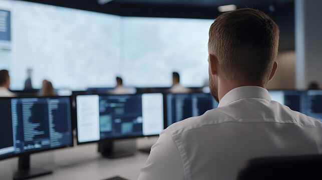 A man sits in front of multiple monitors, presumably in a control center, indicated by the focused atmosphere and technological setup. He is focused on his tasks and dedicated to his job.
