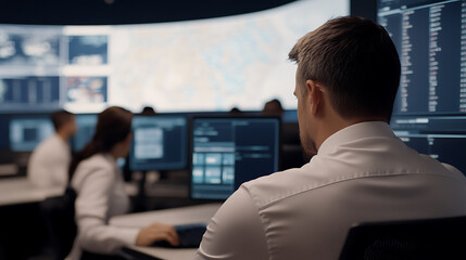 Employees focused on their computer screens in a control center, monitoring data and systems. They collaborate for peak performance and security. #ControlCenter #DataAnalysis