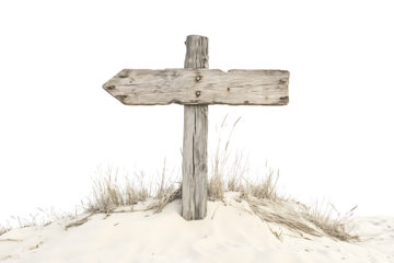 Old rustic faded wooden direction signpost standing on sand dune beach with grass pointer pointing left isolated on transparent background