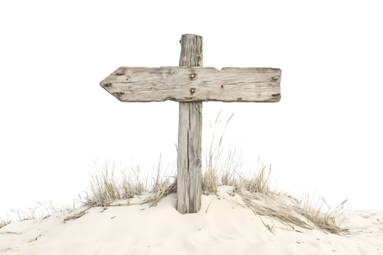 Old rustic faded wooden direction signpost standing on sand dune beach with grass pointer pointing left isolated on transparent background