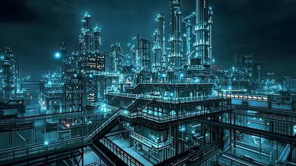 Neon Lit Cyberpunk Industrial Complex at Night with Glowing Pipes and Towers - Powered by Adobe