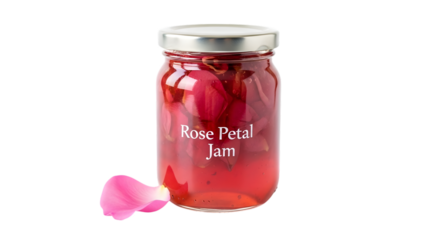 Glass jar filled with rose petal jam isolated on transparent background