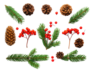 Assortment of natural Christmas elements, fir branches, pinecones and red berries on black