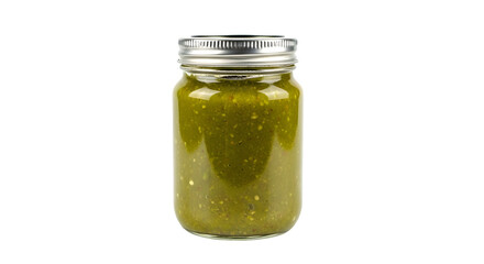 Jar of green salsa isolated on transparent background, a spicy condiment