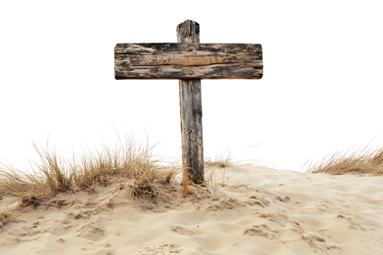 Old weathered wooden sign post blank for text standing in sand dunes and tall dry grass isolated on transparent background