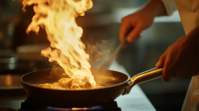 Searing action! Watch a chef artfully cook, flames leaping high as they expertly flip food in a pan.  A culinary symphony of heat and flavor is in the works, for sure.