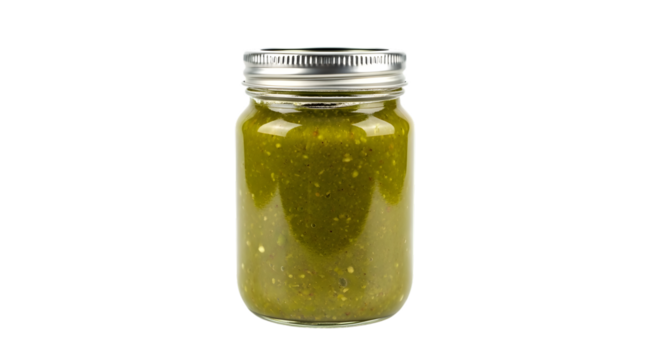Jar of green salsa isolated on transparent background, a spicy condiment