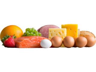 Selection of protein and vegetables isolated on transparent background, ideal for clean eating and wellness visuals.