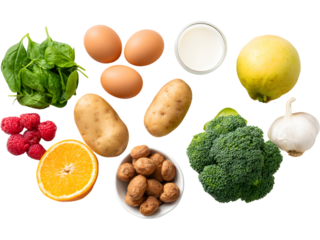 Selection of protein and vegetables isolated on transparent background, ideal for clean eating and wellness visuals.