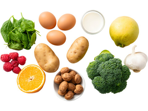 Selection of protein and vegetables isolated on transparent background, ideal for clean eating and wellness visuals.